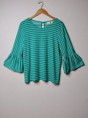 Chico's Green White Striped Tunic Blouse Ruffle Wide Bell Sleeves Size 2 2X NEW